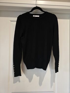 ZARA Black Crewneck Sweater with Gold Cuff Buttons